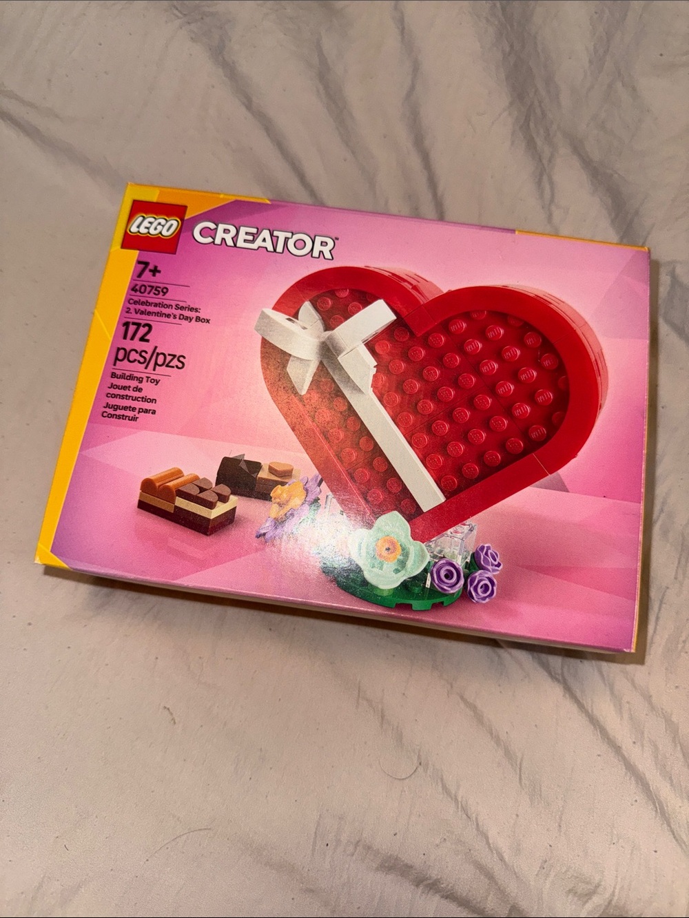 Lego Creator Red Heart Box with White Bow and Floral Accents